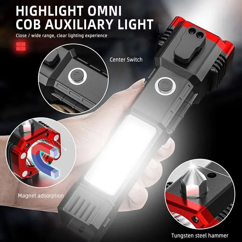 High Power LED Torch Light Rechargeable Flashlight With Tactical Hammer And Power Bank Providing Strong Brightness (Random Color)